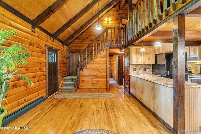 461 Harmony Rd, Jackson, NJ 08527 - kitchen featuring freestanding refrigerator, under cabinet range hood, light wood-style flooring, baseboard heating, and wood ceiling with exposed beams