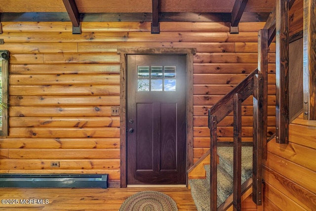 461 Harmony Rd, Jackson, NJ 08527 - foyer featuring beam ceiling, wood finished floors, baseboard heating, and log walls