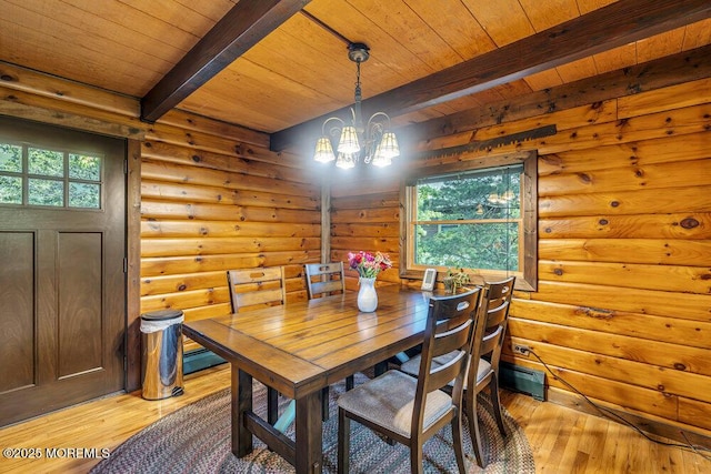 461 Harmony Rd, Jackson, NJ 08527 - dining room featuring wood ceiling with exposed beams, rustic walls, light wood-type flooring, and a chandelier