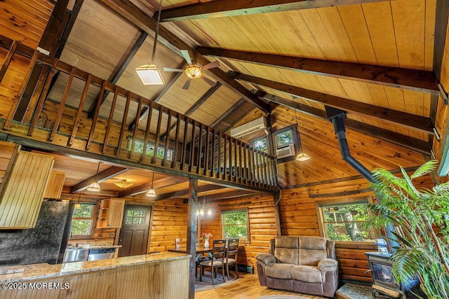 461 Harmony Rd, Jackson, NJ 08527 - living area featuring a wood stove, high vaulted ceiling, light wood-style flooring, wooden ceiling, and a ceiling fan