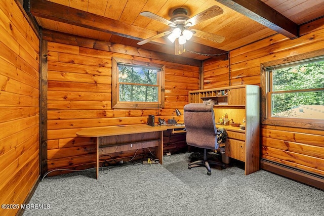 461 Harmony Rd, Jackson, NJ 08527 - office area featuring wood ceiling with exposed beams, carpet floors, ceiling fan, and wooden walls