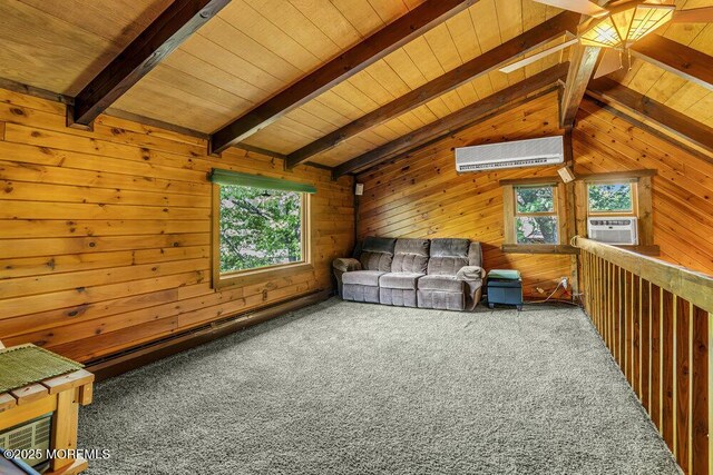 461 Harmony Rd, Jackson, NJ 08527 - carpeted living area featuring a wall mounted AC, plenty of natural light, wooden ceiling, wooden walls, and cooling unit