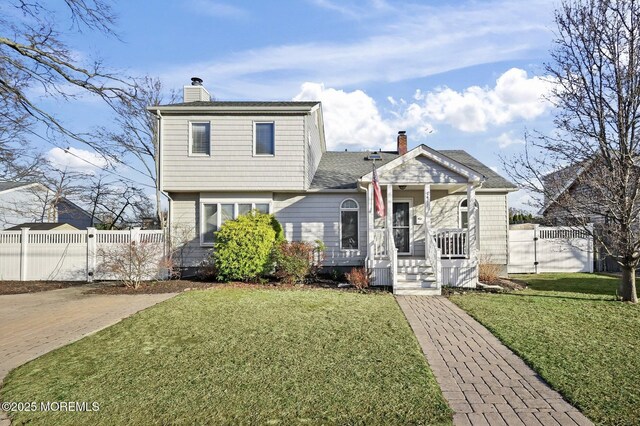 view of front of property with a chimney, fence, a front lawn, and a gate