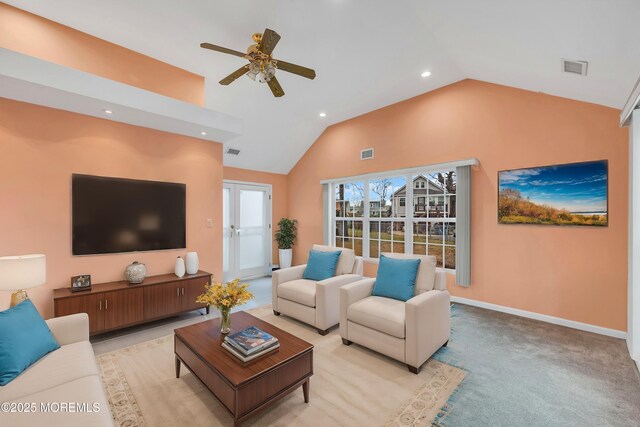 9 Maplewood Ave, Keansburg, NJ 07734 - living room with visible vents, recessed lighting, ceiling fan, vaulted ceiling, and light colored carpet