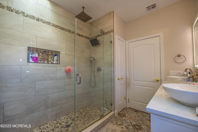 full bathroom with visible vents, tile patterned flooring, and a stall shower