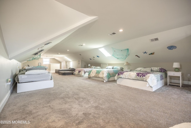 carpeted bedroom featuring recessed lighting, vaulted ceiling, visible vents, and baseboards