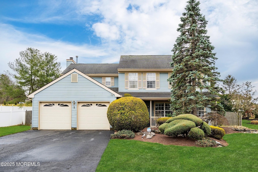 1 Winfield Dr, Manalapan, NJ 07726 - view of front of house featuring a front lawn, fence, aphalt driveway, a chimney, and a garage