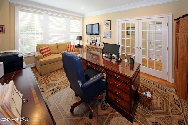 26 Aspen Ln, Tinton Falls, NJ 07724 - office area featuring plenty of natural light, french doors, wood finished floors, and ornamental molding