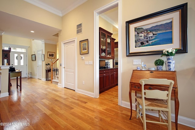 26 Aspen Ln, Tinton Falls, NJ 07724 - corridor with light wood finished floors, visible vents, crown molding, baseboards, and stairway