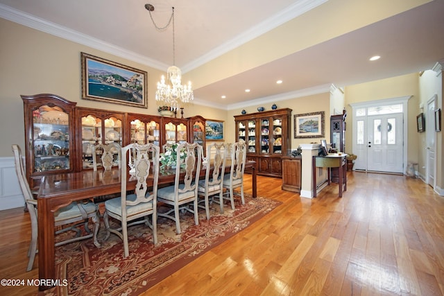 26 Aspen Ln, Tinton Falls, NJ 07724 - dining room featuring recessed lighting, light wood-type flooring, a notable chandelier, and ornamental molding