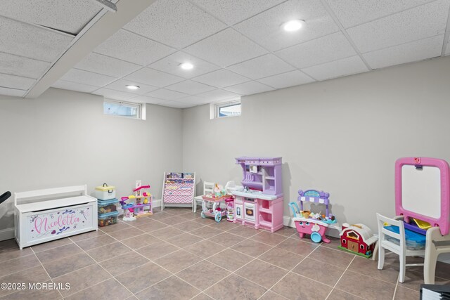 4 Whitman Rd, Morganville, NJ 07751 - rec room featuring recessed lighting, baseboards, a paneled ceiling, and tile patterned flooring