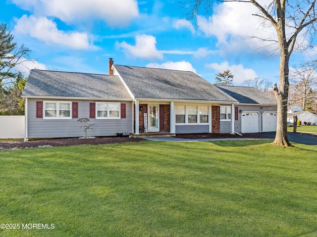 4 Whitman Rd, Morganville, NJ 07751 - ranch-style house featuring a front lawn, aphalt driveway, a shingled roof, a garage, and a chimney