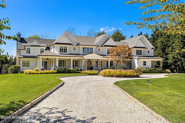 20 Conover Ln, Rumson, NJ 07760 - shingle-style home featuring a chimney, a porch, a front yard, and driveway