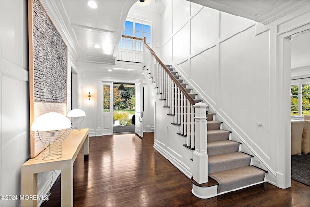 20 Conover Ln, Rumson, NJ 07760 - stairway with wood finished floors, a decorative wall, and ornamental molding