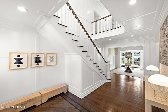 20 Conover Ln, Rumson, NJ 07760 - stairs featuring crown molding, recessed lighting, a decorative wall, and wood finished floors