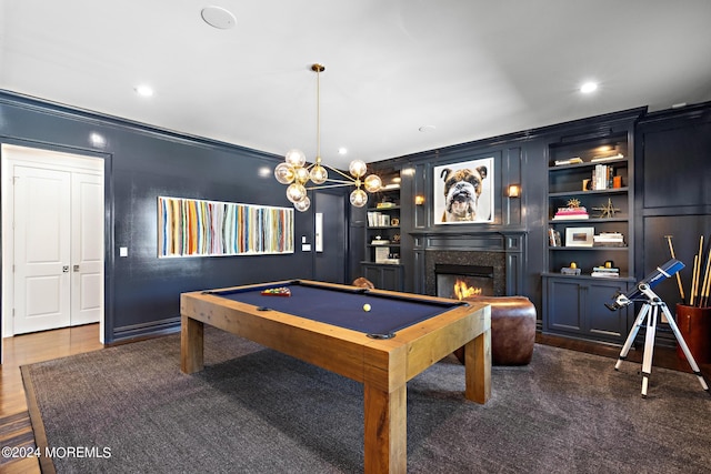 20 Conover Ln, Rumson, NJ 07760 - recreation room featuring recessed lighting, built in shelves, a high end fireplace, and pool table