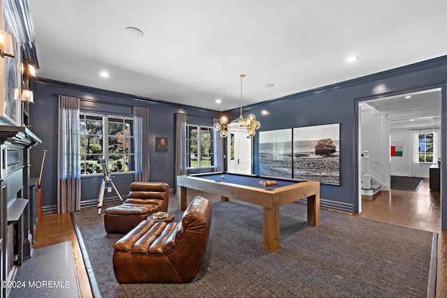 20 Conover Ln, Rumson, NJ 07760 - playroom featuring crown molding, baseboards, recessed lighting, pool table, and wood finished floors
