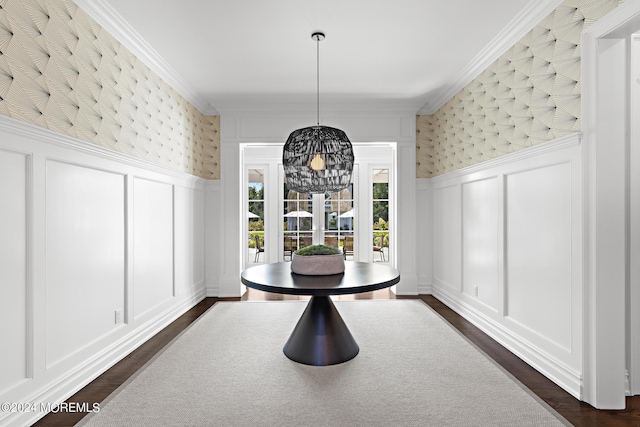 20 Conover Ln, Rumson, NJ 07760 - unfurnished dining area featuring a decorative wall, a wainscoted wall, and dark wood finished floors