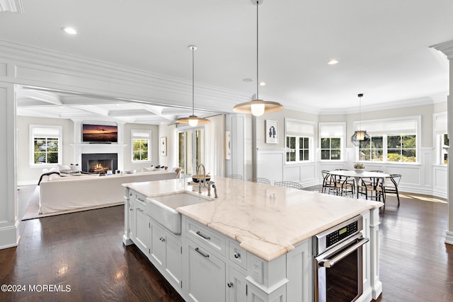 20 Conover Ln, Rumson, NJ 07760 - kitchen featuring a warm lit fireplace, dark wood-type flooring, a sink, and oven