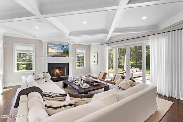 20 Conover Ln, Rumson, NJ 07760 - living room featuring a warm lit fireplace, coffered ceiling, dark wood-type flooring, and baseboards