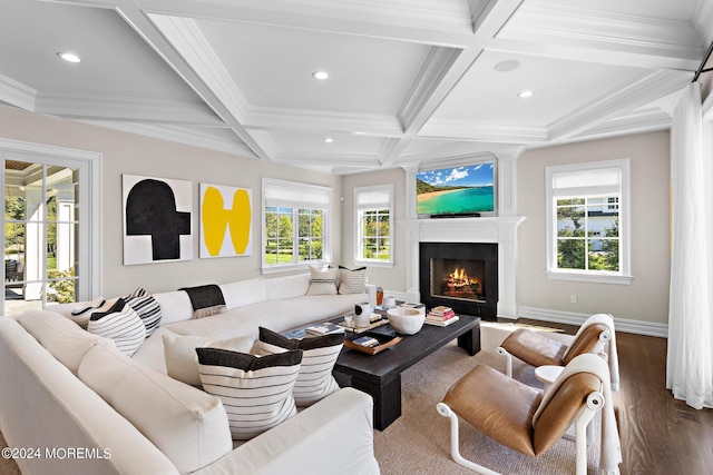 20 Conover Ln, Rumson, NJ 07760 - living room featuring beamed ceiling, recessed lighting, coffered ceiling, and dark wood-style floors