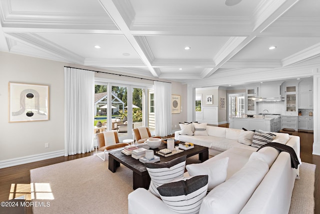 20 Conover Ln, Rumson, NJ 07760 - living room with crown molding, coffered ceiling, dark wood finished floors, and baseboards