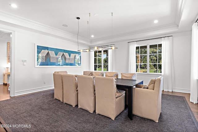 20 Conover Ln, Rumson, NJ 07760 - dining space featuring a tray ceiling, baseboards, recessed lighting, ornamental molding, and wood finished floors