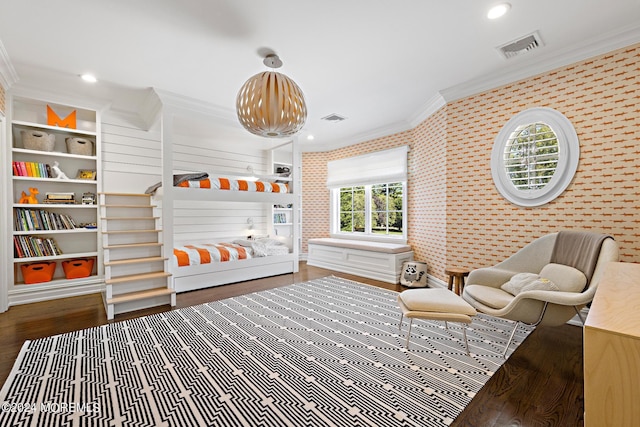 20 Conover Ln, Rumson, NJ 07760 - bedroom with ornamental molding, visible vents, wallpapered walls, and wood finished floors