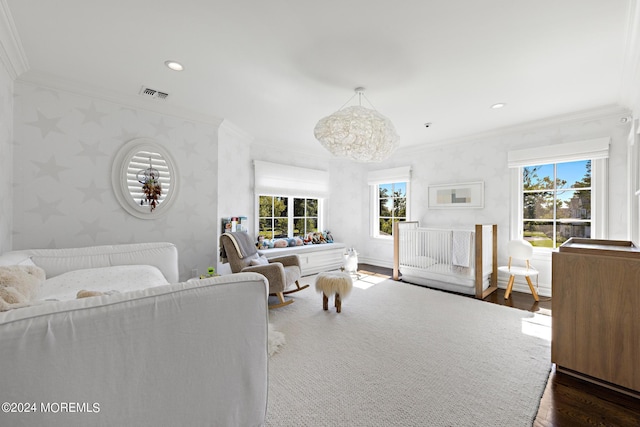 20 Conover Ln, Rumson, NJ 07760 - living room featuring ornamental molding, visible vents, and wallpapered walls