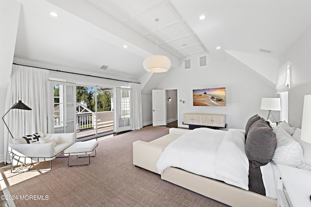 20 Conover Ln, Rumson, NJ 07760 - bedroom with recessed lighting, access to exterior, visible vents, and vaulted ceiling with beams