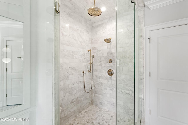 20 Conover Ln, Rumson, NJ 07760 - bathroom with a stall shower and crown molding