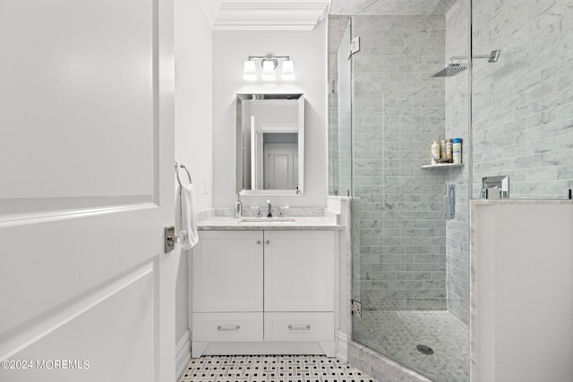 20 Conover Ln, Rumson, NJ 07760 - bathroom featuring vanity, crown molding, and a stall shower