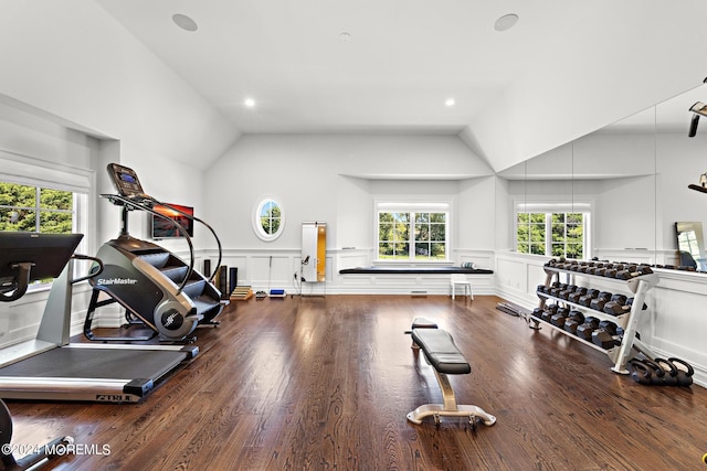 20 Conover Ln, Rumson, NJ 07760 - workout room featuring vaulted ceiling, a decorative wall, and a healthy amount of sunlight