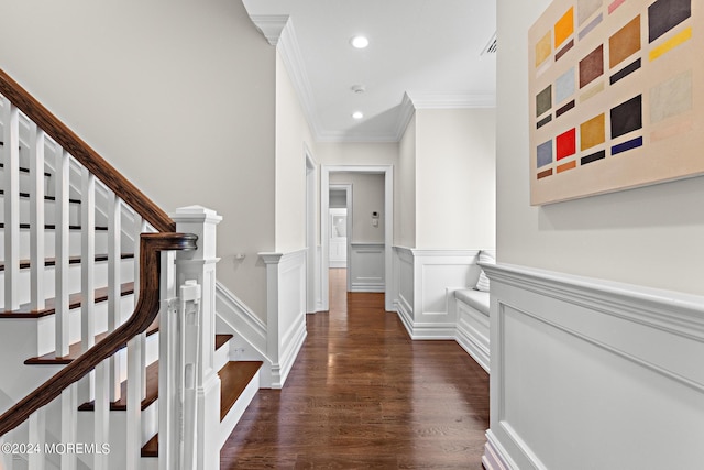 20 Conover Ln, Rumson, NJ 07760 - hallway with recessed lighting, ornamental molding, dark wood-type flooring, wainscoting, and stairs