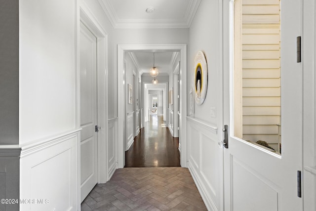 20 Conover Ln, Rumson, NJ 07760 - corridor featuring wainscoting, ornamental molding, and a decorative wall