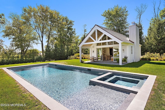 20 Conover Ln, Rumson, NJ 07760 - pool with an exterior structure, a patio area, an outbuilding, a yard, and an in ground hot tub