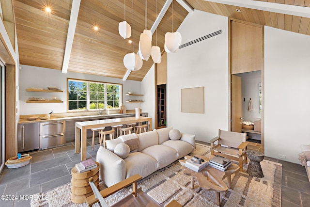 20 Conover Ln, Rumson, NJ 07760 - living area with wooden ceiling, beam ceiling, and high vaulted ceiling