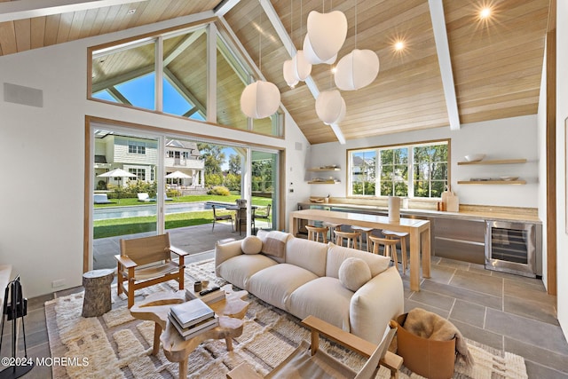 20 Conover Ln, Rumson, NJ 07760 - living room with beamed ceiling, wine cooler, wooden ceiling, and high vaulted ceiling