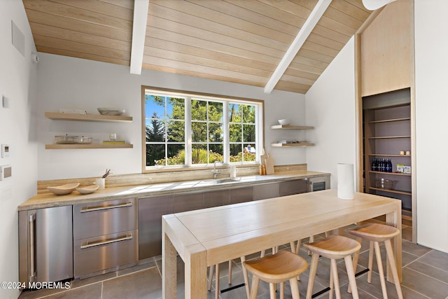 20 Conover Ln, Rumson, NJ 07760 - kitchen featuring wooden ceiling, vaulted ceiling with beams, dark tile patterned flooring, open shelves, and light countertops