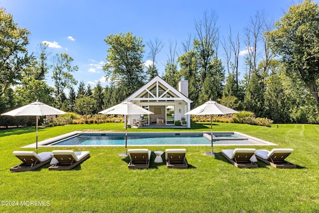 20 Conover Ln, Rumson, NJ 07760 - outdoor pool with an outdoor structure, a yard, an exterior structure, and an in ground hot tub