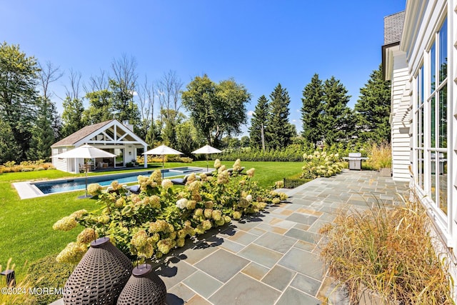 20 Conover Ln, Rumson, NJ 07760 - view of patio featuring an outdoor structure, an outdoor pool, and an exterior structure