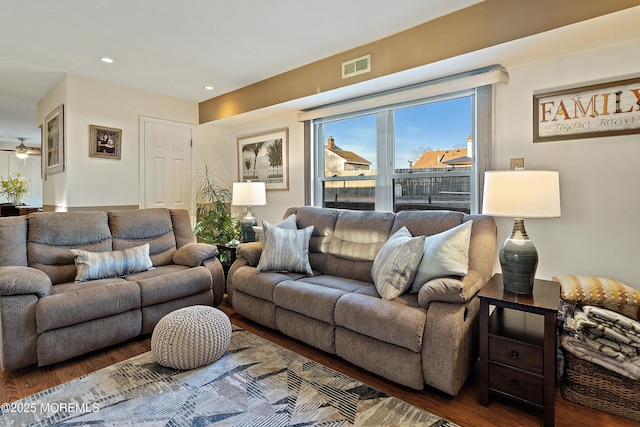 1107 Frontage Rd, Toms River, NJ 08753 - living room featuring a ceiling fan, recessed lighting, wood finished floors, and visible vents