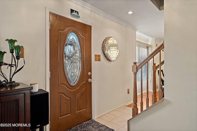 1107 Frontage Rd, Toms River, NJ 08753 - foyer featuring baseboards, stairs, ornamental molding, recessed lighting, and light tile patterned flooring