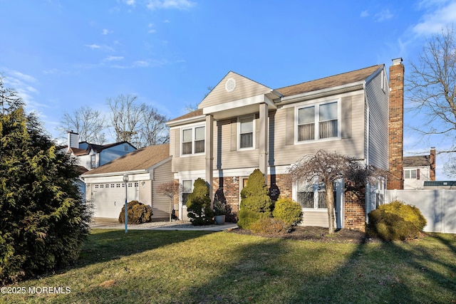 1107 Frontage Rd, Toms River, NJ 08753 - view of front facade featuring fence, an attached garage, a chimney, a front lawn, and brick siding