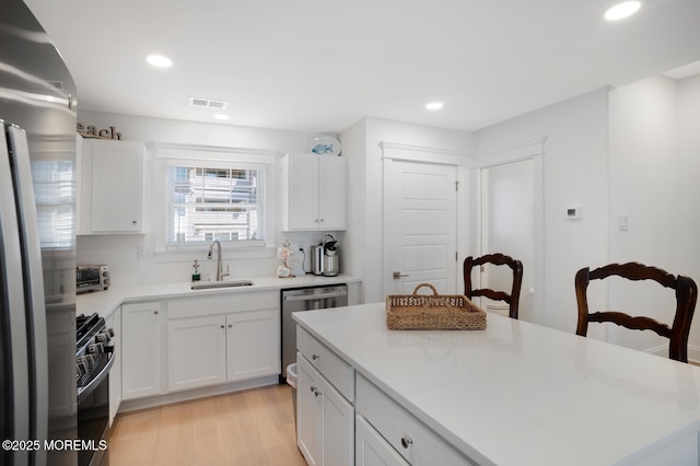 30 Elder St, Mantoloking, NJ 08738 - kitchen featuring appliances with stainless steel finishes, a sink, white cabinetry, light wood-style floors, and recessed lighting