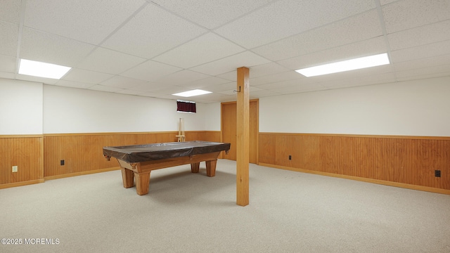 playroom featuring wainscoting, a paneled ceiling, billiards table, carpet, and wooden walls