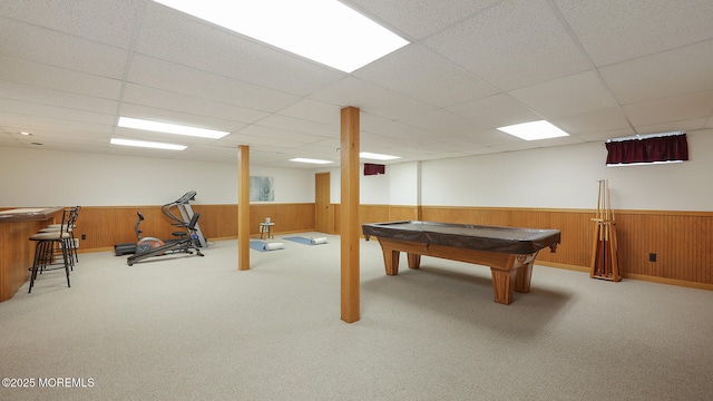 playroom featuring a wainscoted wall, billiards, carpet flooring, a paneled ceiling, and wooden walls