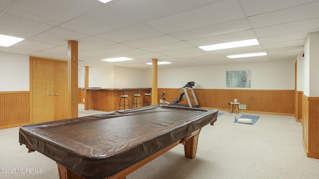 playroom featuring wainscoting, a drop ceiling, carpet, wood walls, and billiards table