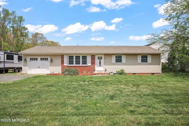 single story home with a garage, crawl space, driveway, and a front lawn