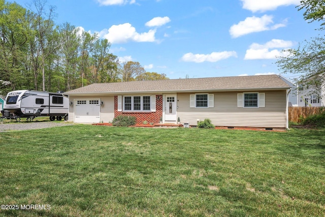ranch-style house with crawl space, an attached garage, and gravel driveway